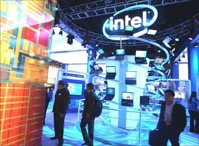 People visit the Intel display at the 2008 Consumer Electronics Show in Las Vegas
