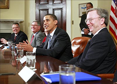 US President Barack Obama speaks to the media alongside Google CEO Eric Schmidt (right) and other company CEOs during an economic meeting in the Roosevelt Room of the White House