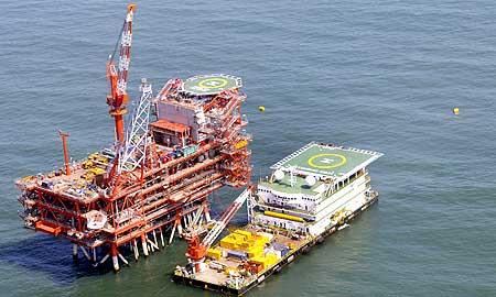 Reliance Industries' KG-D6 control and raiser platform is seen off the Bay of Bengal