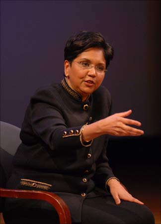 PepsiCo chief executive officer Indra Nooyi with Asia Society president Vishakha Desai in New York.