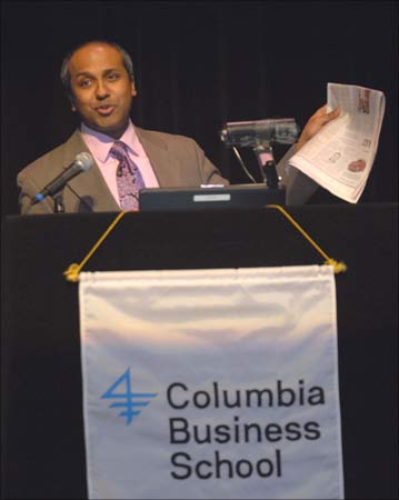 Prof Sree Sreenivasan, Dean of Student Affairs, Columbia School of Journalism, delivering the opening keynote address at the India Business Conference by Columbia Business School, April 10. | Photograph: Paresh Gandhi