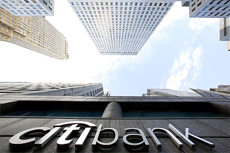 A Citibank sign is seen on the side of a branch in New York.