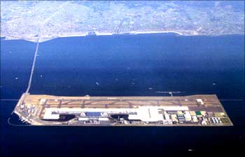 An aerial view of the Kansai International Airport built on reclaimed land in Osaka Bay.