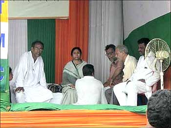 Trinamool Congress leader Mamata Banerjee along with a few other leaders at the dharna site, Singur.