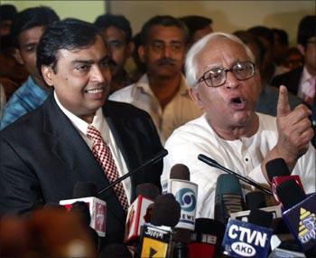 Bengal chief minister Buddhadeb Bhattacharjee with Reliance Industries chairman Mukesh Ambani in Kolkata.