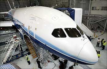 The Boeing company's first 787 Dreamliner is readied for its first test flight.
