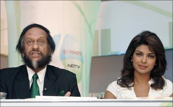 Nobel laureate Rajendra Pachauri and Bollywood actress Priyanka Chopra (right) in New Delhi.