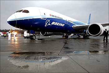 The Boeing 787 Dreamliner sits on the tarmac at Boeing Field in Seattle, Washington.