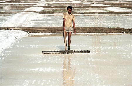 A labourer works on a salt pan in Mumbai.