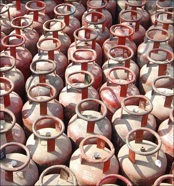 Liquefied petroleum gas, or cooking gas, cylinders.