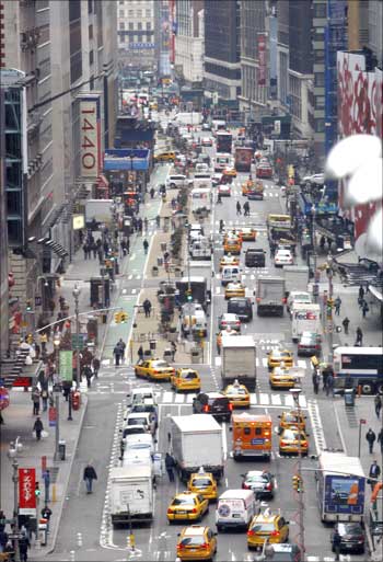 A view of Broadway through New York City's Times Square.