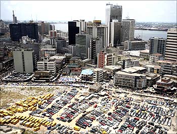 An aerial view shows the central business district in Nigeria's commercial capital of Lagos.