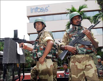 CISF personnel positioned at Infosys campus in Bangalore.