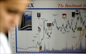 A stock market chart at a brokerage in Mumbai
