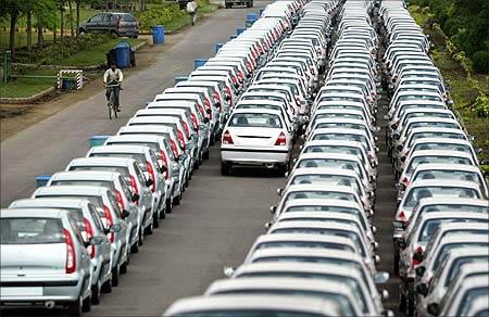 New cars awaiting despatch at Tata Motor's plant in Pune.