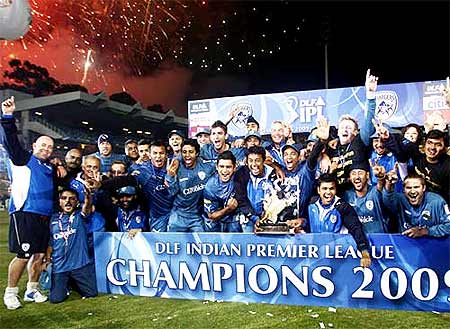 Deccan Chargers celebrate after being presented with the IPL trophy.