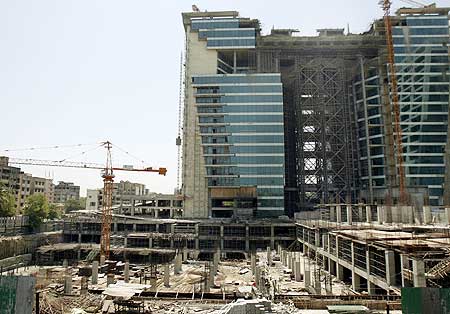 The construction site of a building is seen in Mumbai.