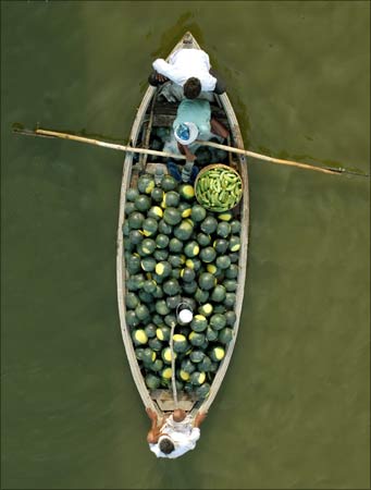 Better environment: Farmers carry watermelons on a boat across the river Ganges in Allahabad.