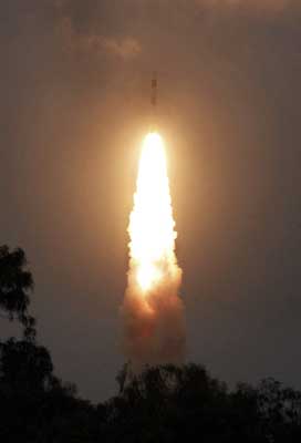 India's PSLV C-11 takes off carrying India's first unmanned moon mission Chandrayaan-1 from the Satish Dhawan space centre at Sriharikota. | Photograph: Stringer/Reuters