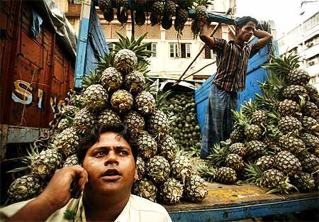 A pineapple fruit seller in Kolkata speaks on a mobile phone.