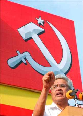 Prakash Karat, the chief of the Communist Party of India-Marxist, speaks during an election rally.