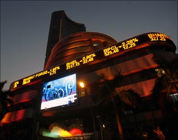 The Bombay Stock Exchange building is illuminated during the Diwali special trading session in Mumbai.