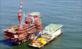 Reliance Industries KG-D6's control and raiser platform is seen off the Bay of Bengal.
