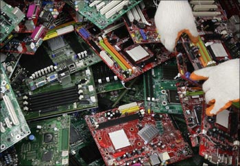 Computer motherboards at a recycling factory.