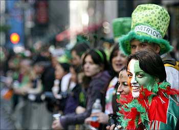 Elaine Corrigna, from Achill Island, Ireland, smiles before the start of the St. Patrick's Day parade.