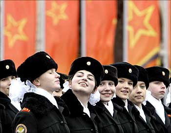 Cadets in historical uniforms take part in a military parade in the Red Square in Moscow.