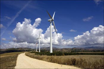 Green technology: Wind generators on a farm in the countryside near the Sicilian town of Trapani.