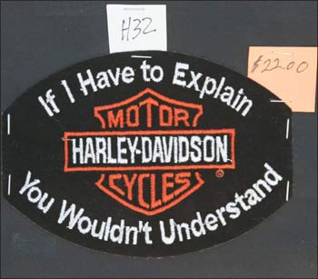 A Harley-Davidson patch is for sale at a bar during a Bike Week event in Samsula, Florida.
