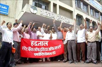 Bank employees on strike.