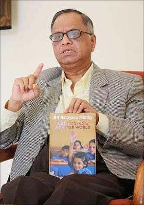 Narayana Murthy with his book at the Infosys guest house in New Delhi.