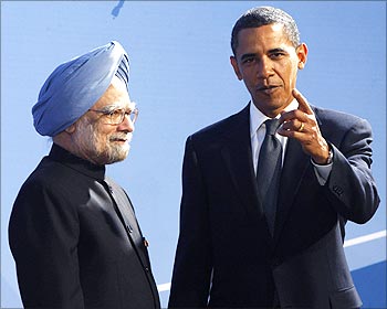 US President Barack Obama greets Prime Minister Manmohan Singh.
