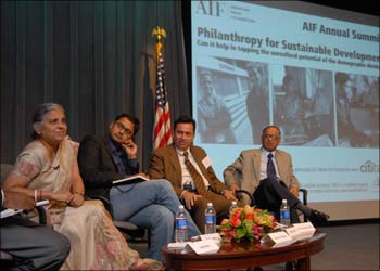 (From Left): Sudha Murthy, chairperson Infosys Foundation; Salil Shetty, Director, UN Millenium Development Campaign; Reuben Abraham, professor and executive director, Center For Emerging Market Solutions, India School of Business; and N R Narayana Murthy, chairman and chief mentor Infosys at AIF Annual Summit in New York on Monday.