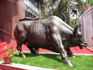 The bull in front of the Bombay Stock Exchange.