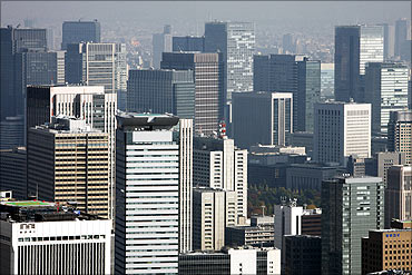 A cluster of high-rise buildings in the Marunouchi district is seen in Tokyo.