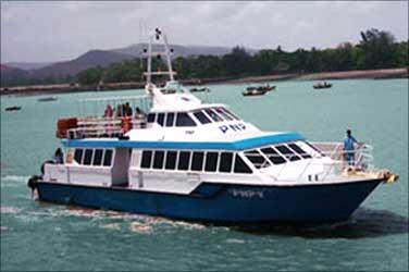 A catamaran that plies between Gateway of India to Alibaug.