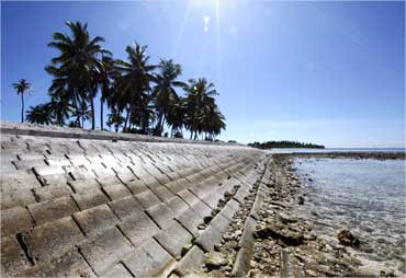 A wall protects the beach at Hithadhoo on Addu Atoll.