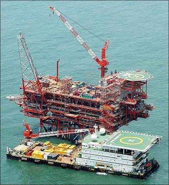 Reliance Industries KG-D6's control and raiser platform is seen off the Bay of Bengal.