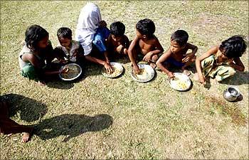 Children at a flood relief camp in Araria district town in Bihar.