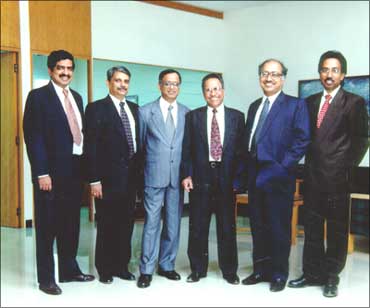 Infosys founders (Left to right): Nandan Nilekani, S Gopalakrishnan, N R Narayana Murthy, K Dinesh, N S Raghavan and S D Shibulal.