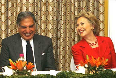US Secretary of State Hillary Clinton and Ratan Tata at a meeting.