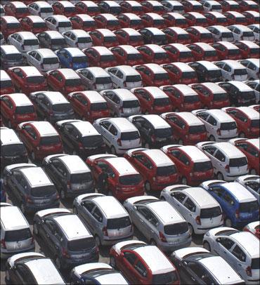 Cars ready for shipment at a port in Chennai.