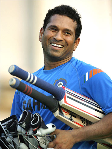 Sachin Tendulkar smiles during a practice session in Ahmedabad.