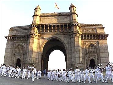 Cadets from the Naval Band play military music at the Gateway of India in Mumbai.