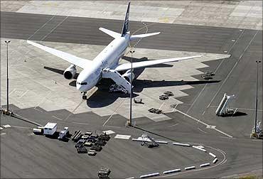 An Air New Zealand aircraft sits on the apron at Auckland International Airport.