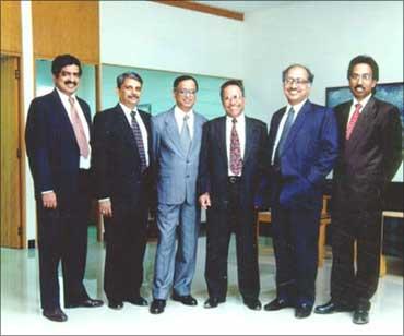 Infosys founders (L- R): Nandan Nilekani, S Gopalakrishnan, Narayana Murthy, N S Raghavan, K Dinesh and S D Shibulal.