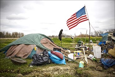A campsite at a homeless tent city in Sacramento, California.